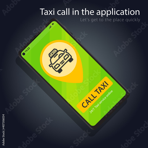 Taxi Service call from the online application interface in mobile phone realistic style icon. City Taxi call service online smartphone application concept.