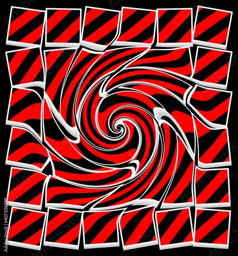 Wallpaper Mural pattern and twisted design of many geometric 3D illustration squares with red and black diagonal stripes each within a white frame Torontodigital.ca