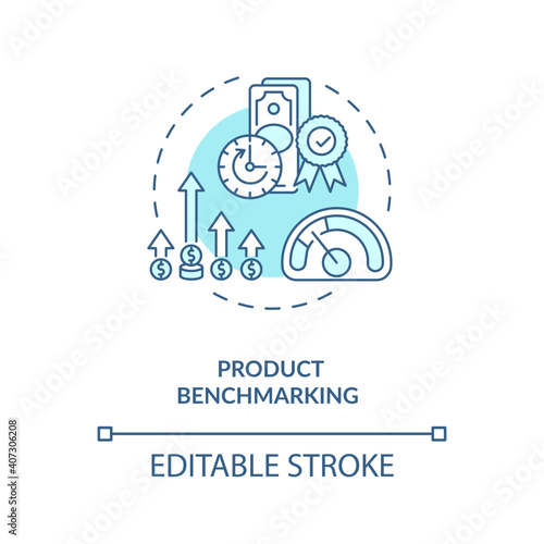Product benchmarking concept icon. Cost reduction idea thin line illustration. Business process improvement. Benchmarking information. Vector isolated outline RGB color drawing. Editable stroke