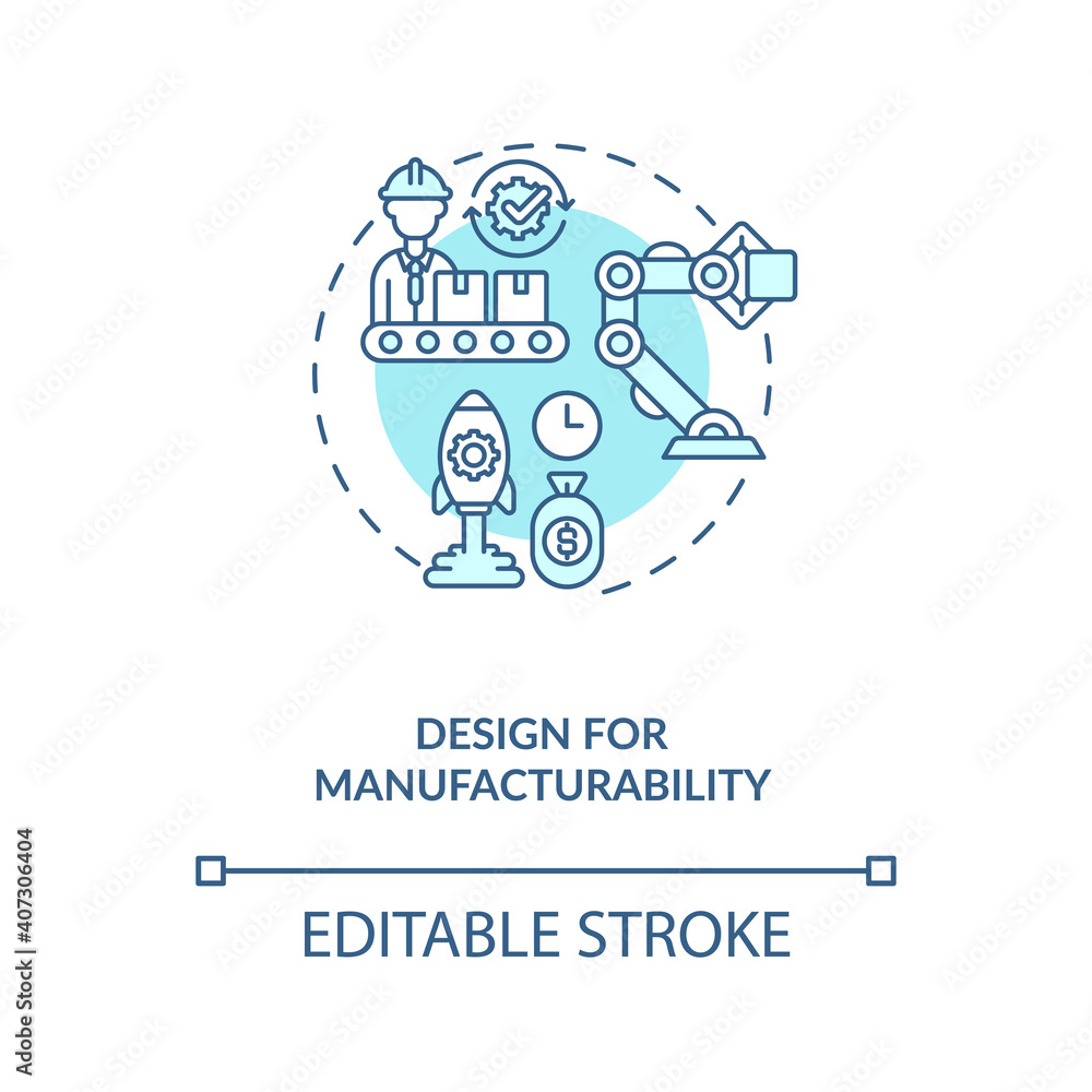 Design for manufacturability concept icon. Reducing unnecessary costs strategy idea thin line illustration. Company improving. Vector isolated outline RGB color drawing. Editable stroke
