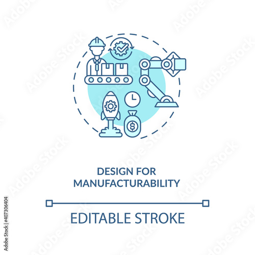 Design for manufacturability concept icon. Reducing unnecessary costs strategy idea thin line illustration. Company improving. Vector isolated outline RGB color drawing. Editable stroke