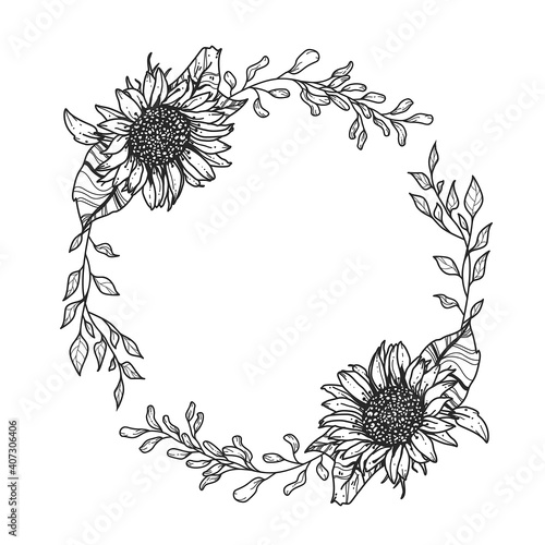 Sunflower wreath. Hand drawn illustration. Invitation graphic.