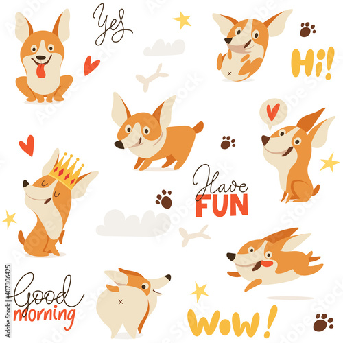 Seamless background with cute welsh corgi dog images for textile or any prints