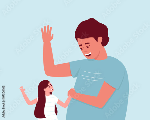 Dad and daughter play a game with their hands together. Close-up. Dad and daughter laugh. They raised their palms up. Flat vector illustration.
