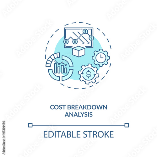 Cost breakdown analysis concept icon. Cost reduction strategy idea thin line illustration. Production quality increase. Company improvement. Vector isolated outline RGB color drawing. Editable stroke