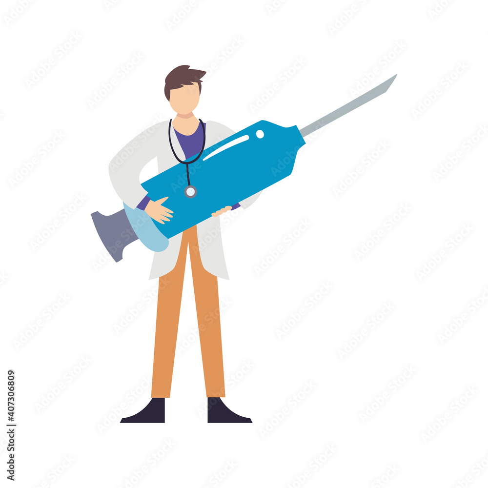 doctor man with covid 19 virus vaccine injection vector design