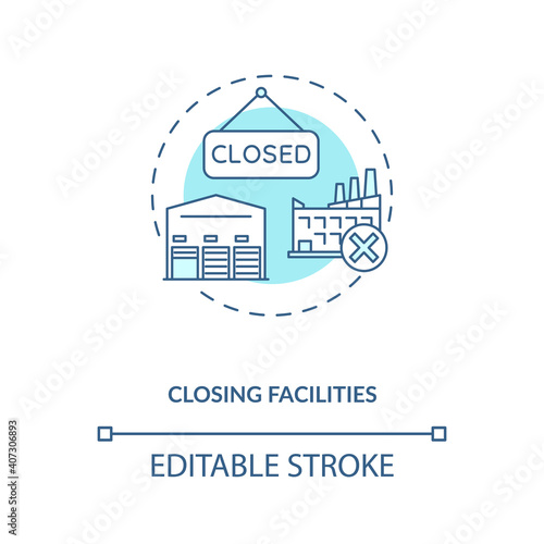 Closing facilities concept icon. Business improvement idea thin line illustration. Reducing unnecessary costs. Company work optimization. Vector isolated outline RGB color drawing. Editable stroke