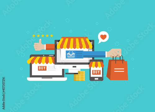 Flat 3d isometric online store e-commerce web infographic concept vector. Internet sale shopping cart, payment, checkout, gift box. Hand hold credit card stick from tablet, paper bag from computer.