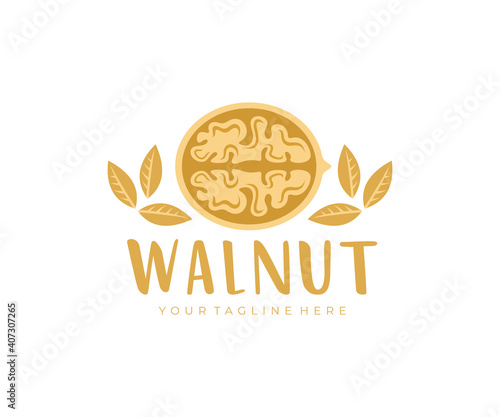 Walnut, cracked walnut, walnuts kernels, logo design. Nut, food, plant and leaves, vector design and illustration