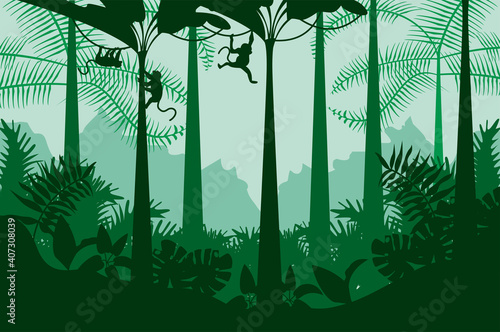 jungle wild nature green color landscape with monkeys scene