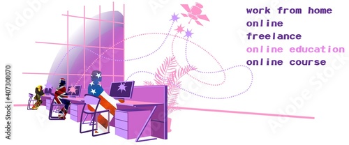 Working at home, coworking space, online education concept illustration. Silhouette of a man with a flag.  Man working on computers at home. Man at home in quarantine. Vector flat style illustration