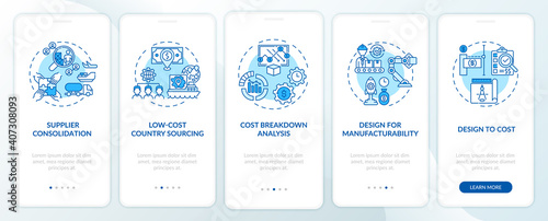 Cost reduction strategies onboarding mobile app page screen with concepts. Supplier consolidation walkthrough 5 steps graphic instructions. UI vector template with RGB color illustrations
