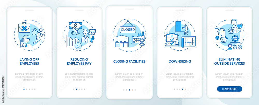 Cost cutting measures onboarding mobile app page screen with concepts. Business optimization walkthrough 5 steps graphic instructions. UI vector template with RGB color illustrations Cost cutting measures onboarding mobile app page screen with concepts. Business optimization walkthrough 5 steps graphic instructions. UI vector template with RGB color illustrations