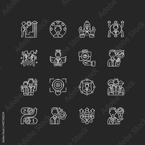 Core values chalk white icons set on black background. Persistence and determination in work. Business transparency, service integrity. Company ethics. Isolated vector chalkboard illustrations