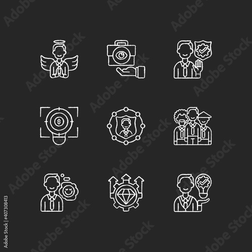 Service with integrity chalk white icons set on black background. Humility, service integrity. Business transparency. Financial focus, company goal. Isolated vector chalkboard illustrations