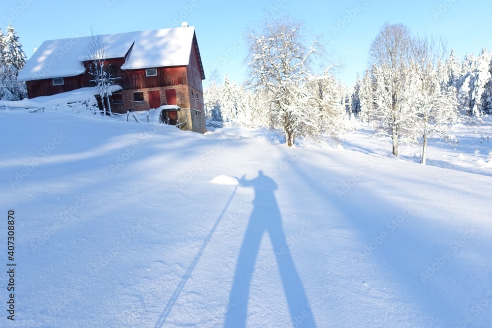 The skier and the old barn.