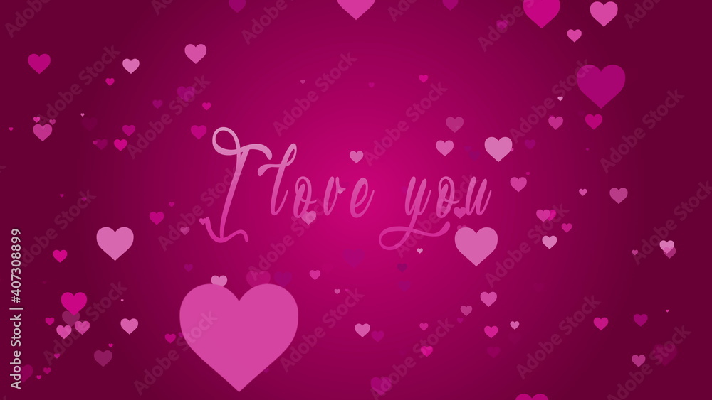 4K I love you greeting card. Abstract pink hearts background. Pink hearts flying