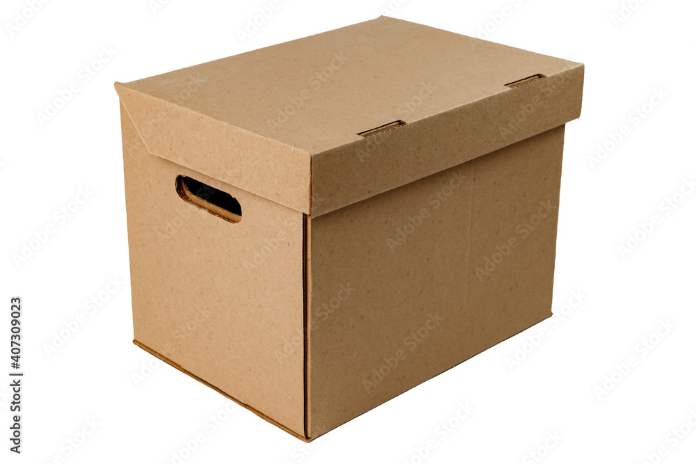 Empty cardboard box for storage. A closed brown box, isolated on a white background. view from the side Empty cardboard box for storage. A closed brown box, isolated on a white background. view from the side