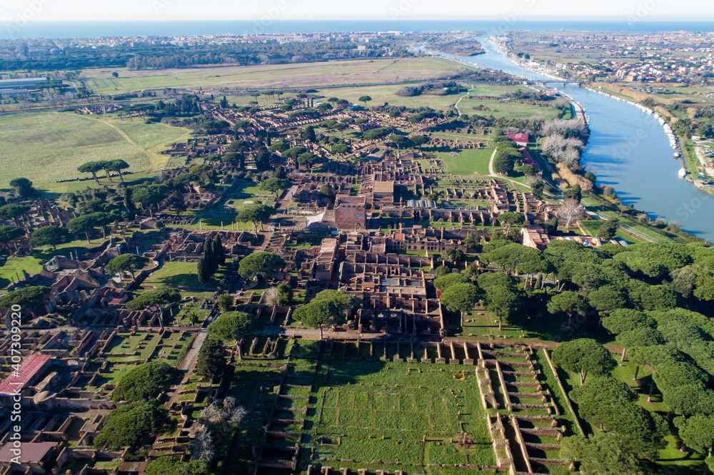 Aerial view of the Archaeological Area of Ostia Antica, founded in 620 .C Rome near the Tiber River, an ancient port