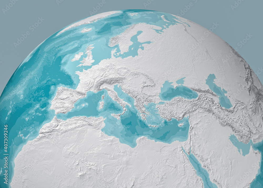 Globe map of the Mediterranean Sea and Europe, Africa and the Middle East. Cartography, geographical atlas. 3d render. Bathymetry, underwater depth of ocean 