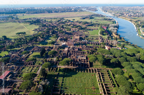 Aerial view of the Archaeological Area of Ostia Antica, founded in 620 .C Rome near the Tiber River, an ancient port © Claudio Quacquarelli