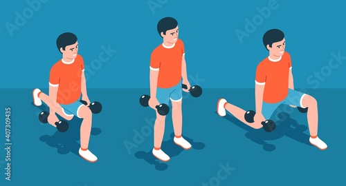 Lunge with dumbbells - Home workout exercise. Vector isometric illustration.