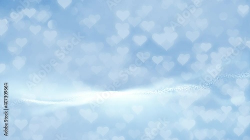 Magic shiny hearts on abstract space background. Lovely bright blue color hearts and artistic blurry waves animation.