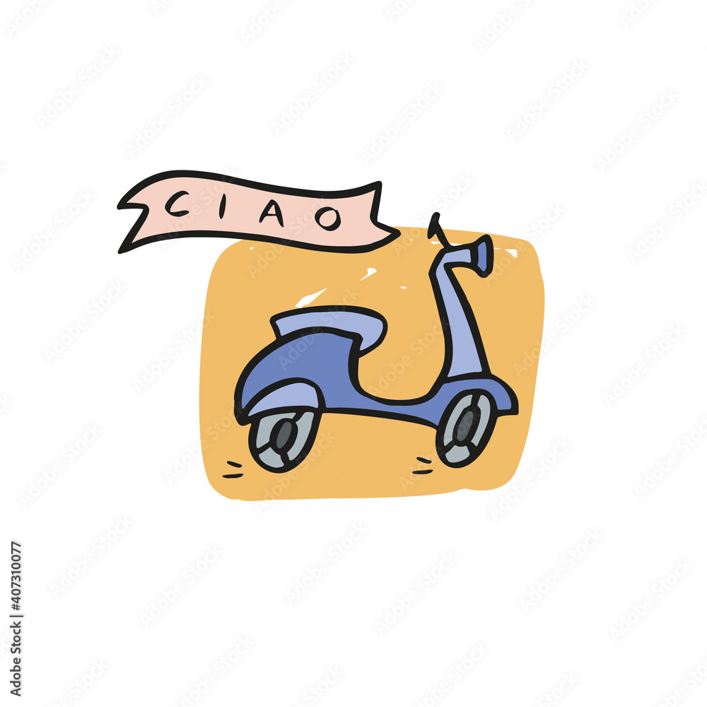 Scooter handdrawn illustration with handlettering word ciao. Scooter handdrawn illustration with handlettering word ciao.