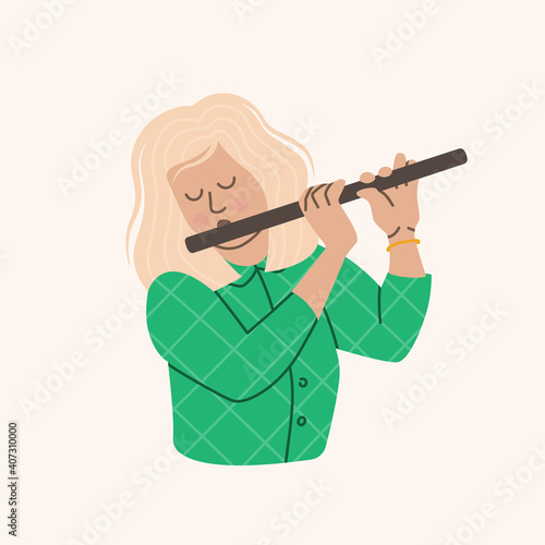 Woman musician. Girl flutist. The blonde plays the flute. Vector illustration isolated on white background.