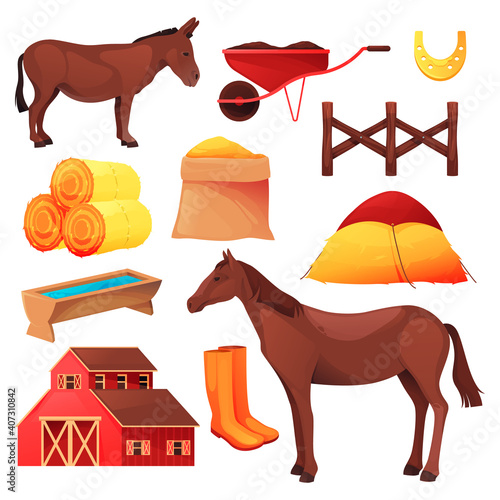 Horse and donkey cattle farm or ranch stable icons