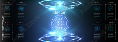 Forex, stock market trading chart vector banner; business finance abstract background. Crypto Currency Bitcoin On Blue Background Digital Web Money Modern Technology Banner