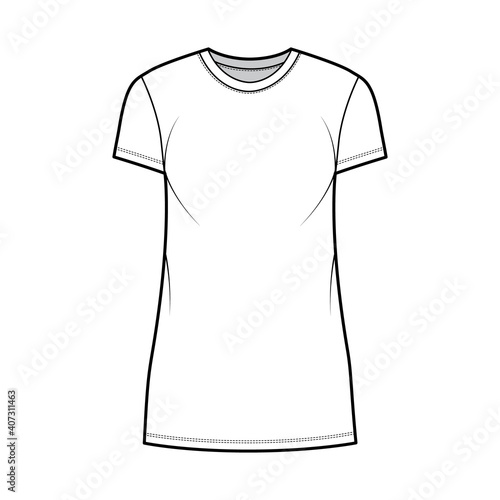 T-shirt dress technical fashion illustration with crew neck, short sleeves, mini length, oversized, Pencil fullness. Flat apparel template front, white color. Women, men, unisex CAD mockup