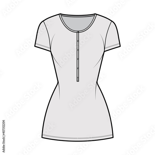 Shirt dress mini technical fashion illustration with henley neck, short sleeves, fitted body, Pencil fullness, stretch jersey. Flat apparel template front, grey color. Women, men, unisex CAD mockup