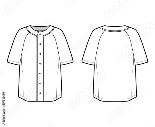 Shirt baseball button front technical fashion illustration with raglan short sleeves, button up, oversized. Flat apparel jersey top outwear template front back white color. Women men unisex CAD mockup