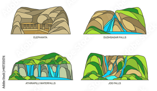 India landmarks, caves and waterfalls, Kerala, Goa