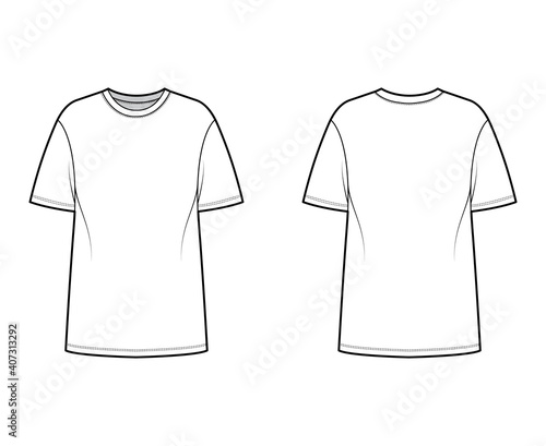 T-shirt oversized technical fashion illustration with short sleeves, crew neck, dropped shoulder, elongated hem. Flat apparel top outwear template front, back, white color. Women men unisex CAD mockup