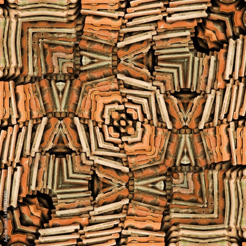 stack of traditional clay terracotta tiles patterns and 3D illustration designs in square format