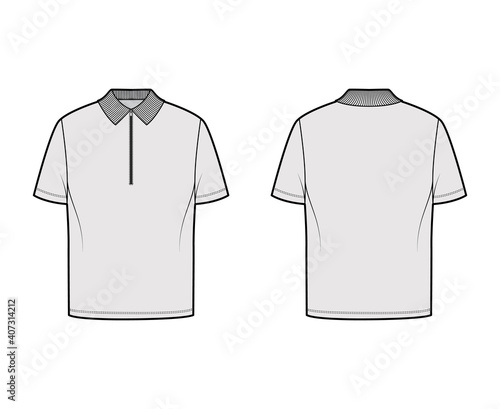 Shirt zip polo technical fashion illustration with short sleeves, tunic length, henley, oversized, flat knit collar. Apparel top outwear template front, back, grey color. Women men unisex CAD mockup