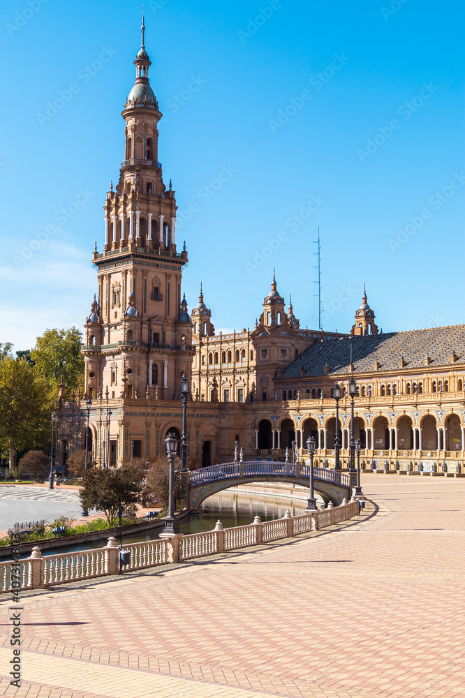 Views of the North Tower of the Plaza de España in Seville (Andalusia, Spain). Majestic architectural work that has become the most emblematic place in the city.