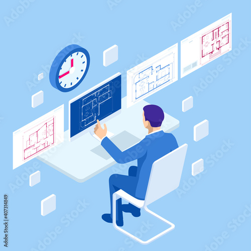 Isometric Construction Project Management, Architectural Project Planning, Development and Approval Web Banner. Scheme of House, Engineer industry. Construction Company Business.