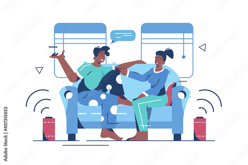 Fun party at home vector illustration. Man and woman listening loud music in apartment flat style concept. Pastime together at home idea. Isolated on white Fun party at home vector illustration. Man and woman listening loud music in apartment flat style concept. Pastime together at home idea. Isolated on white