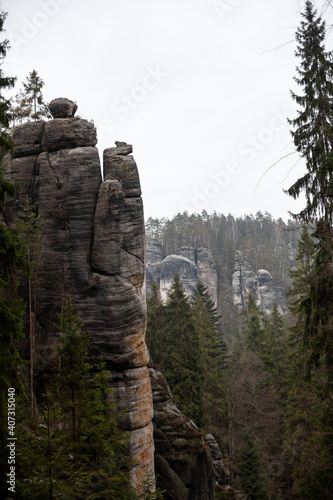 Huge stone formation in the famous place called Rock Town, Adršpach, Czech Republic,