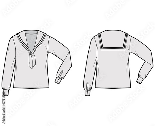 Shirt middy sailor suit technical fashion illustration with bow, long sleeves, tunic length, oversized. Flat apparel top outwear blouse template front, back, grey color. Women men unisex CAD mockup