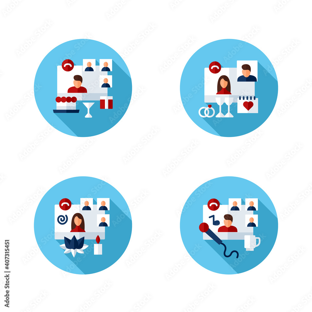 Meeting together flat icons set. Online conference concept. Live stream. Social distanced party, karaoke, wedding ceremony, yoga and more. Remote video communication. Isolated vector illustrations Meeting together flat icons set. Online conference concept. Live stream. Social distanced party, karaoke, wedding ceremony, yoga and more. Remote video communication. Isolated vector illustrations