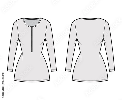 Shirt dress mini technical fashion illustration with henley neck, long sleeves, fitted body, Pencil fullness, stretch jersey. Flat apparel template front, back grey color. Women, men unisex CAD mockup