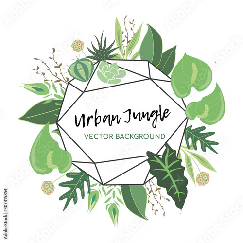 Flat vector tropical polygonal round frame for background with succulents, aloe, anturiums, houseplants and excotic leaves in natural eco green and brown colors. Perfect for urban jungle designs.
