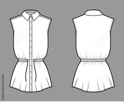 Shirt drawstring gathered waist technical fashion illustration with tie, sleeveless, tunic length, classic collar. Flat apparel top outwear template front back white color. Women men unisex CAD mockup