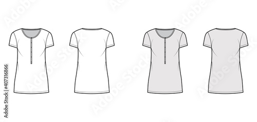 Shirt dress mini technical fashion illustration with henley neck, short sleeves, oversized, Pencil fullness, stretch jersey. Flat apparel template front, back, white, grey color. Women, men CAD mockup