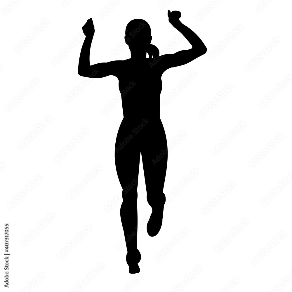 Silhouette of a running woman with her hands raised in victory at the finish line