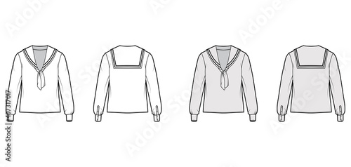 Shirt middy sailor suit technical fashion illustration with bow, fold long sleeves with cuff, tunic length. Flat apparel top blouse template front, back, white, grey color. Women men unisex CAD mockup